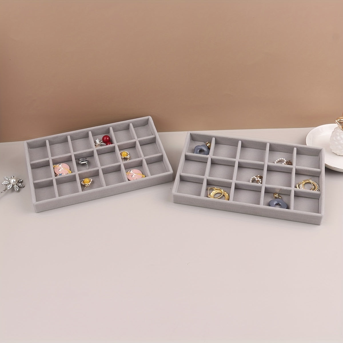 Grey Velvet Jewelry Tray Organizer with Compartments for Necklaces Bracelets Earrings Rings and Watches