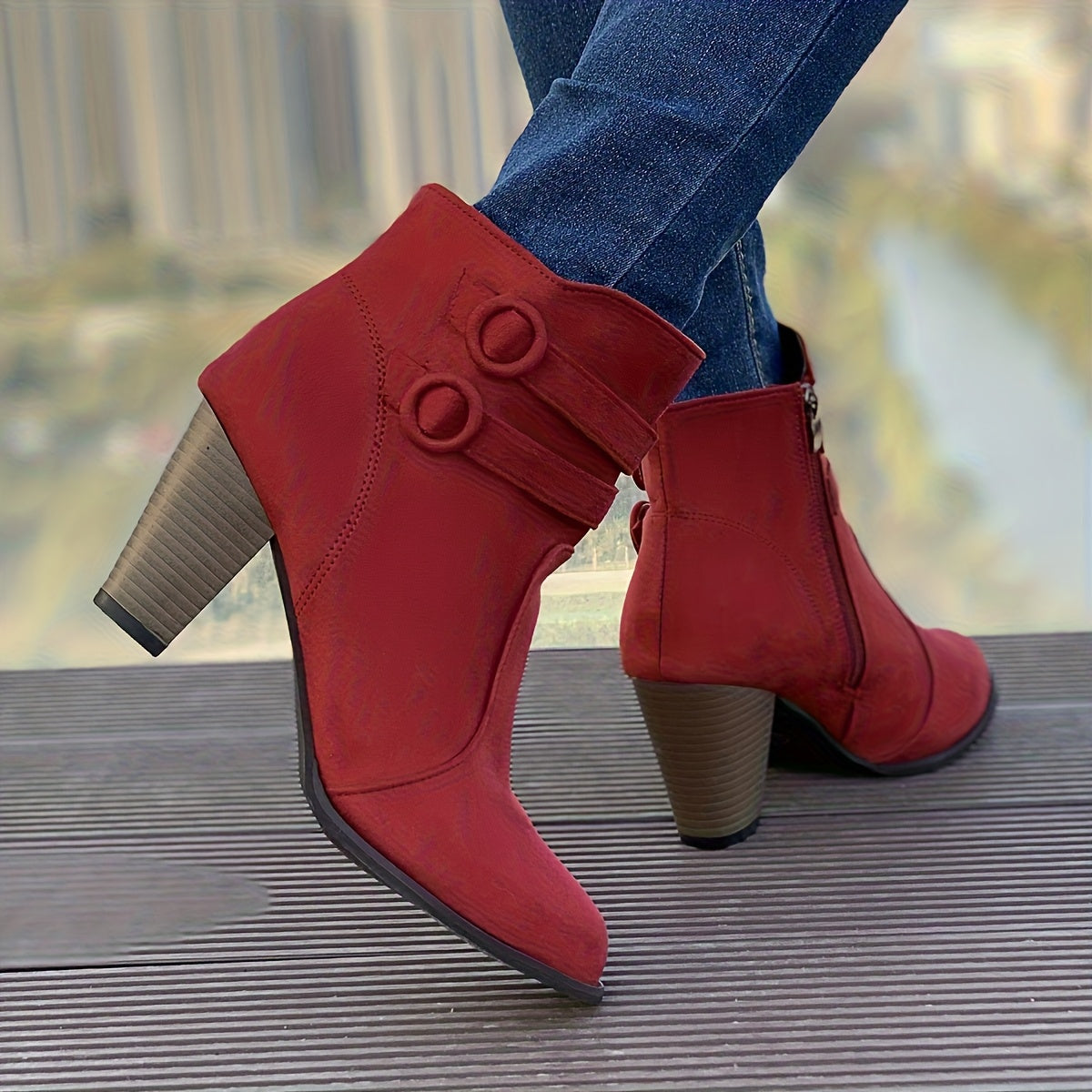 Women Red Ankle Boots with Chunky Heel Zipper Pointed Toe