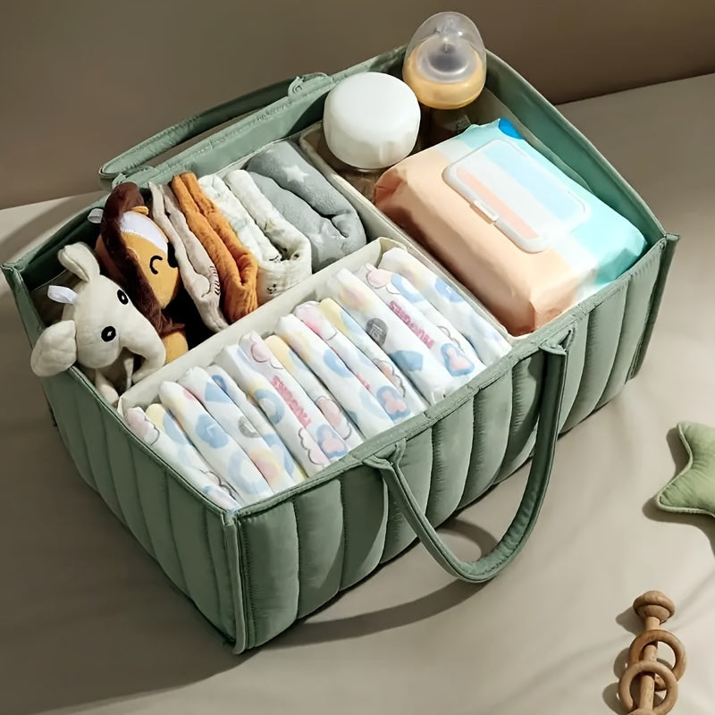 Multifunctional Green Diaper Organizer Bag with Multiple Compartments and Shoulder Strap