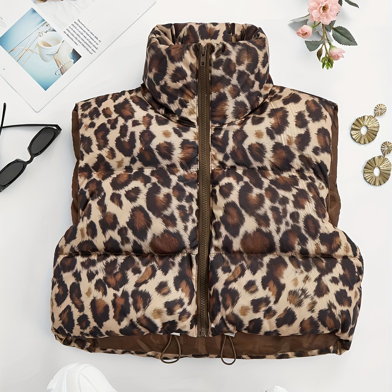 Women's Leopard Print Padded Coat High Neck Drawstring Fall Winter Outerwear