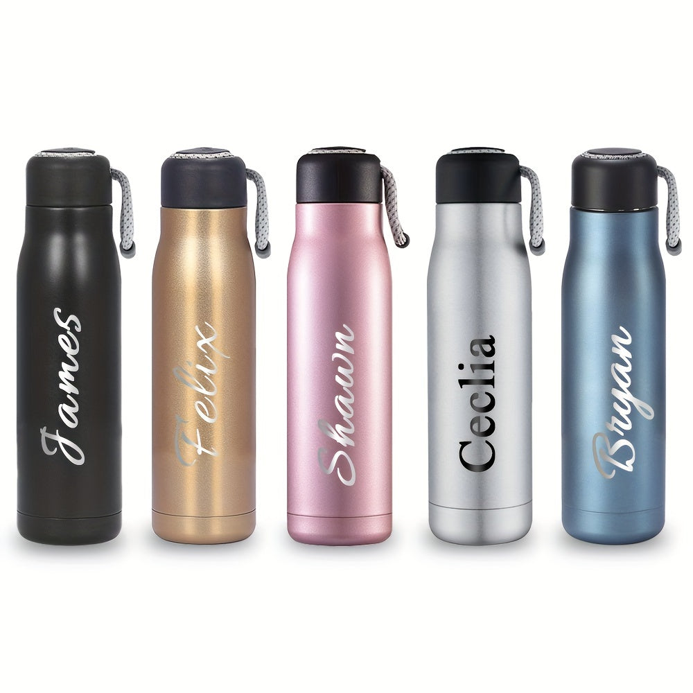 Personalized Stainless Steel Thermos Bottle with Laser-Engraved Text and Rope Design