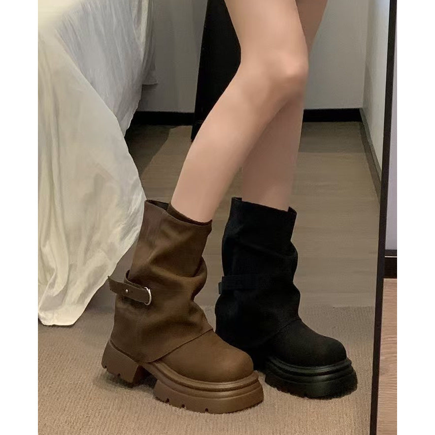 Women's Faux Leather Mid-Calf Retro Slip-On Ankle Boots with Chunky Sole