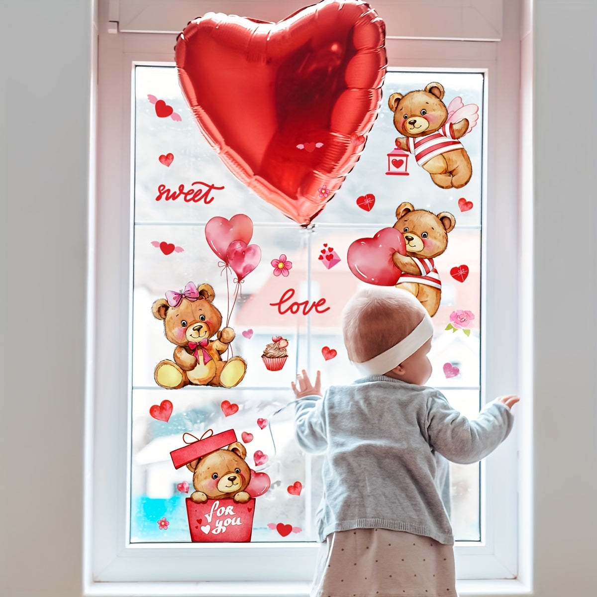 Valentine's Day Teddy Bear Heart Balloons Window Stickers 2 Sheets Reusable PVC