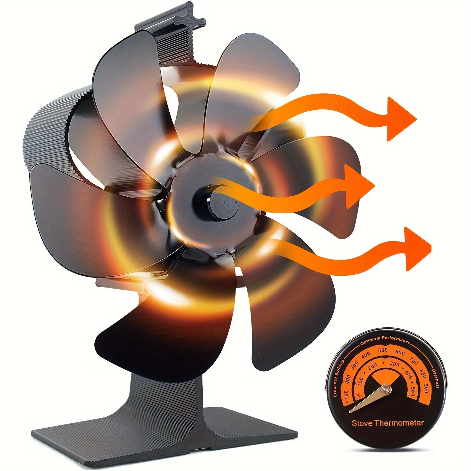 Heat Powered Wood Stove Fan 6 Blade Non-Electric Fireplace Thermometer