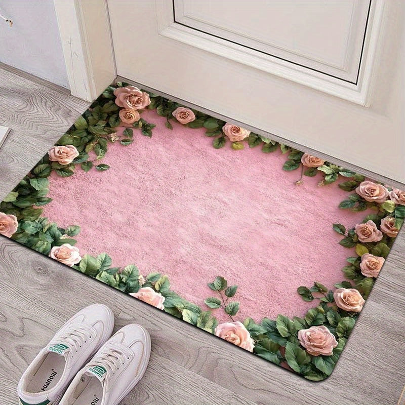 Polyester Doormat Non-Slip Floral Design 8mm Thick Indoor Entrance Mat