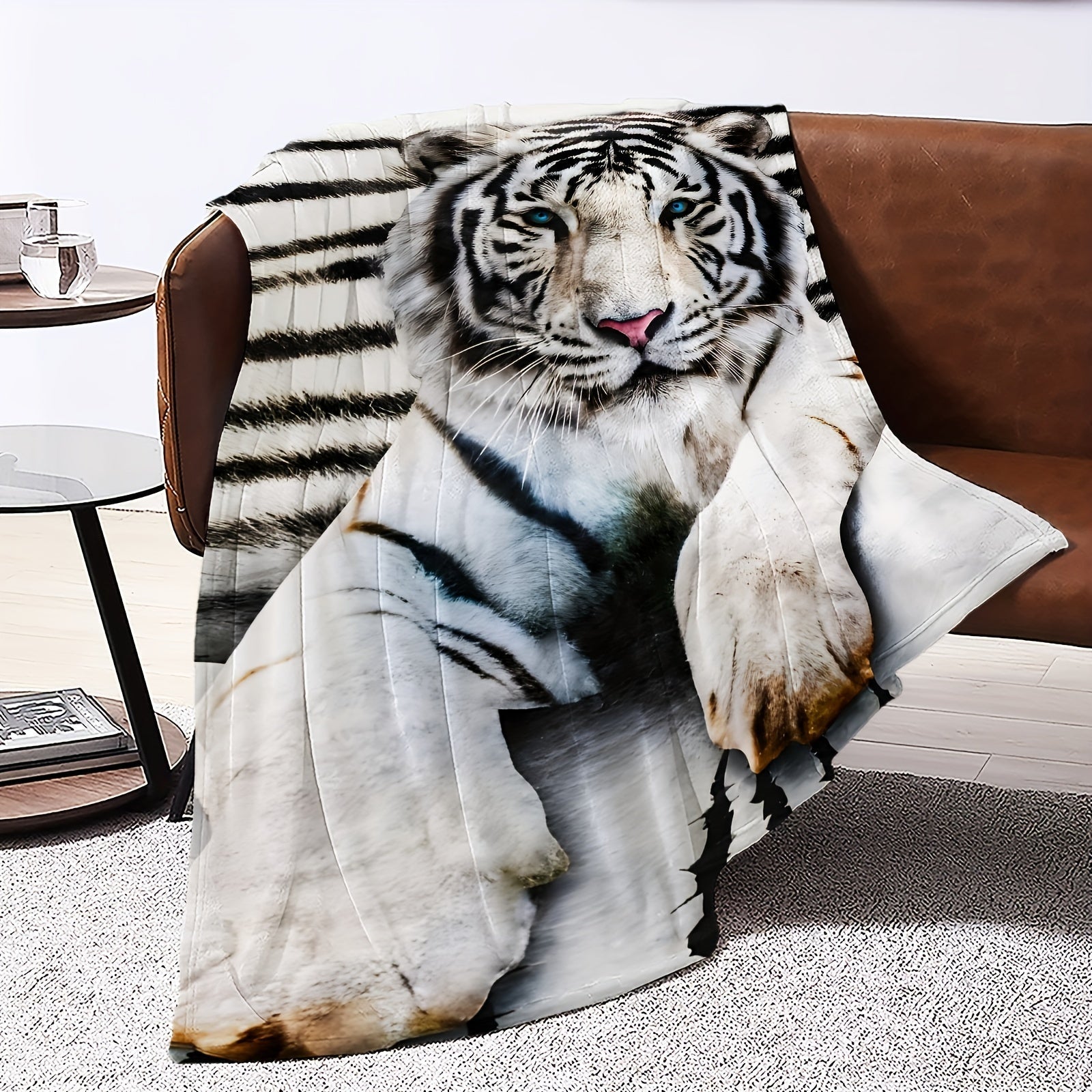 White Tiger Printed Flannel Blanket for Adults, Cozy, 1 Piece