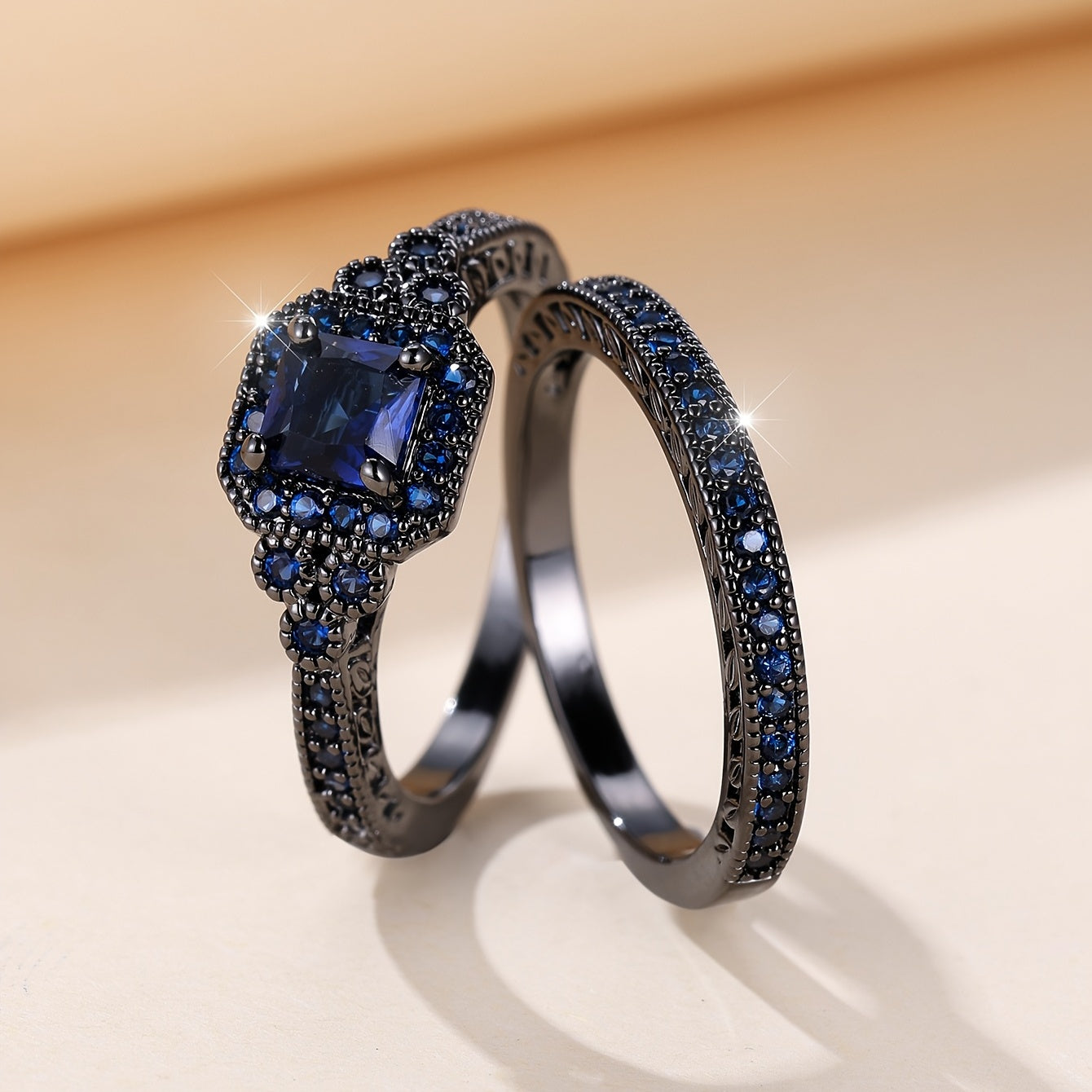 Set of 2 Elegant Promise Rings with Dark Blue Zirconia Halo and Eternity Band for Engagement or Wedding