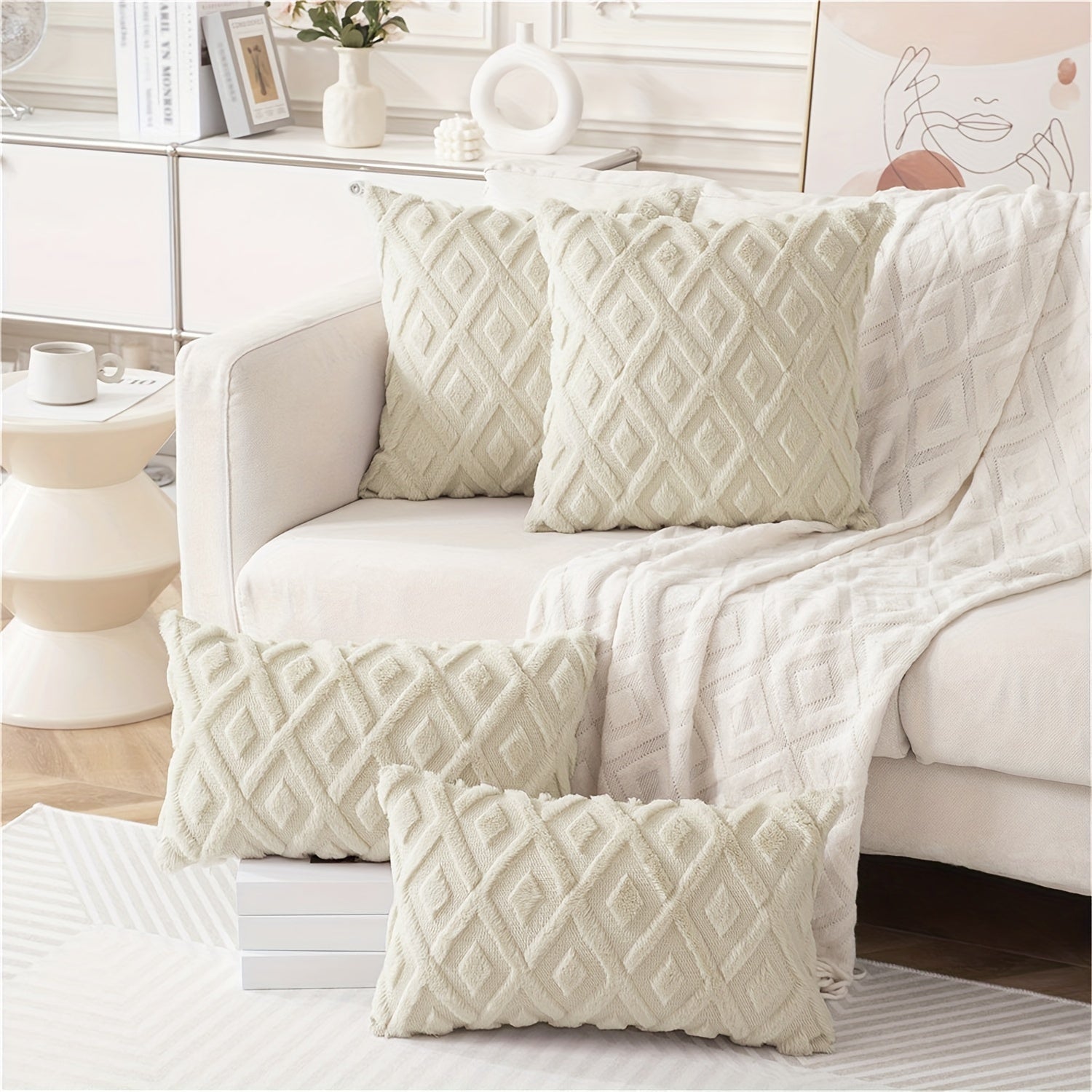 Beige Faux Wool Throw Pillow Covers 18x18 Inches for Couch Sofa Decor