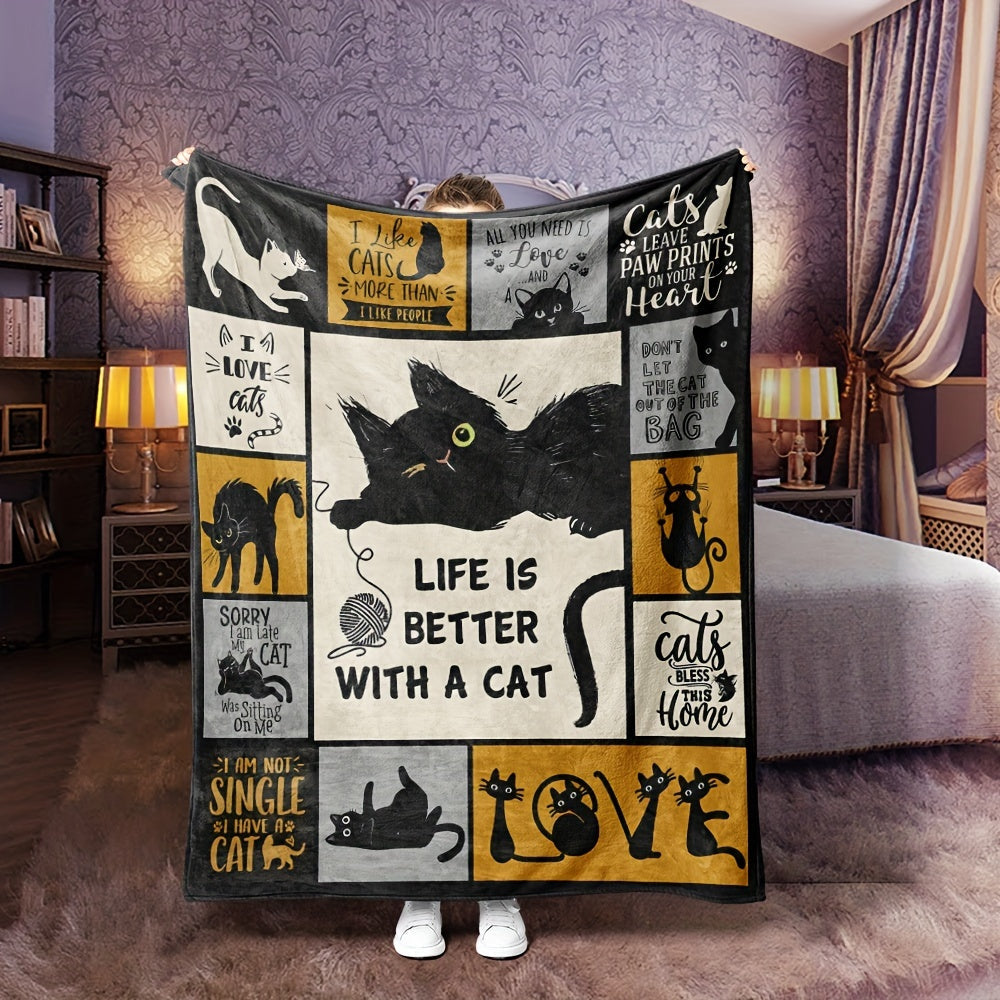 Black Cat Flannel Blanket for Halloween Cozy Throw for Sofa Bed Travel and Camping
