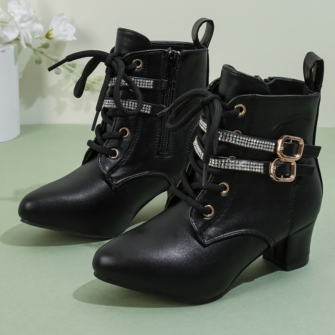 Women's White Ankle Boots with Golden Buckles Side Zipper Chunky Heel