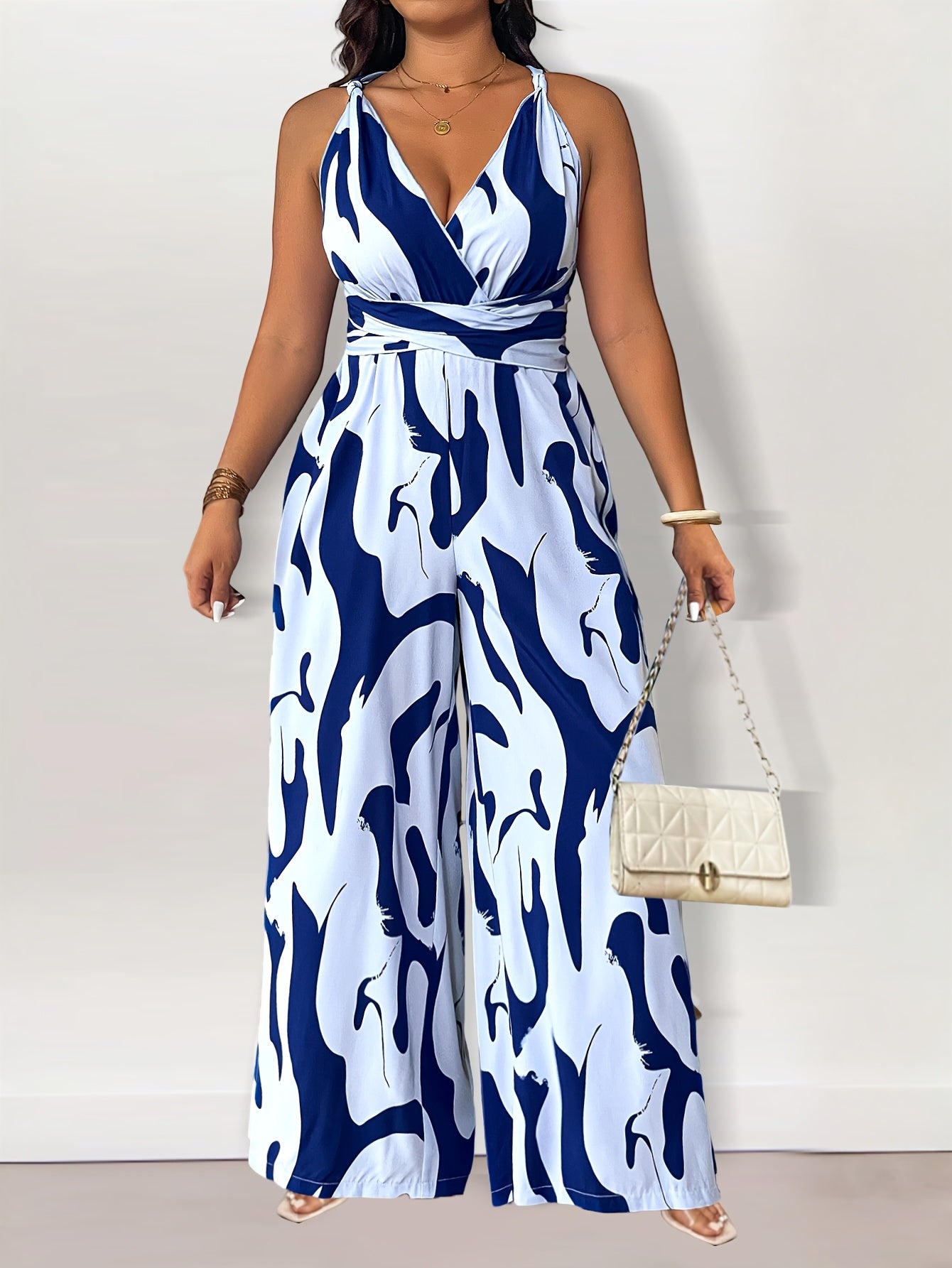 Plus Size Women's Printed Tie-Waist Backless Jumpsuit