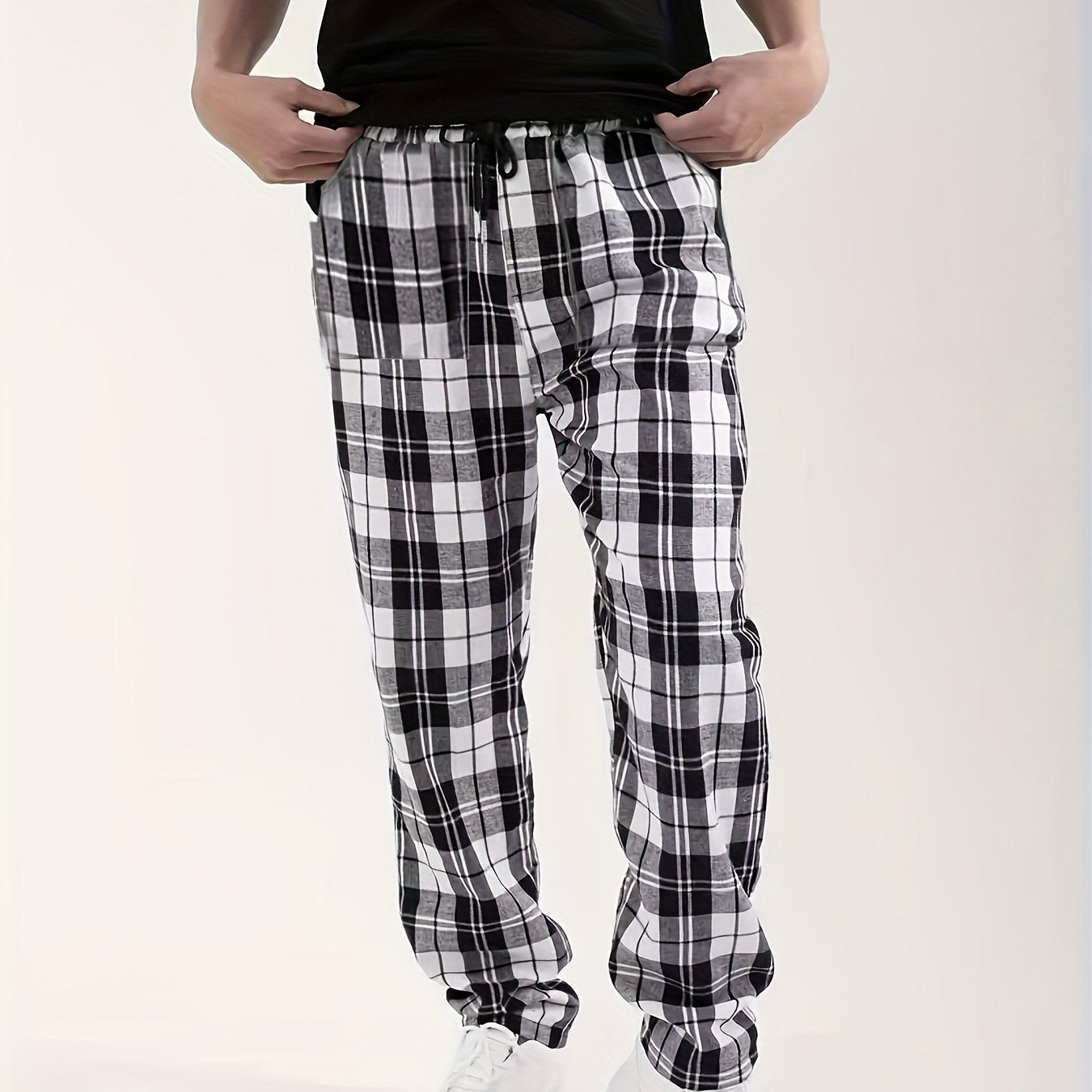 Men's Casual Plaid Woven Polyester Drawstring Lounge Pants
