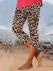 Women Plus Size Leopard Print High-Waisted Stretch Capri Pants Skinny Fit