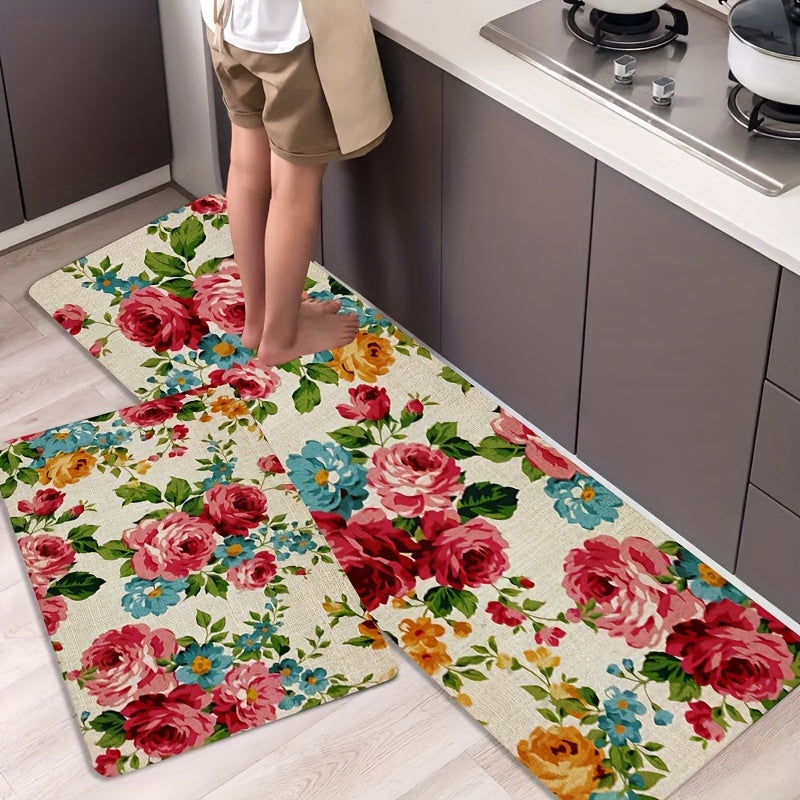 Polyester Kitchen Mat Non-Slip Waterproof Oil-Proof Floral Design Machine Washable Floor Mat