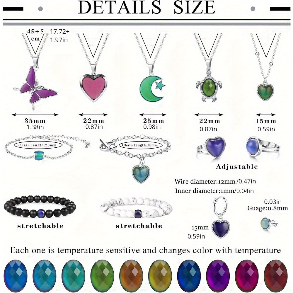 15 ta kayfiyat zargarlik buyumlari to'plami: Rangini o'zgartiradigan uzuklar, marjonlar, bilakuzuklar va sirg'alar o'z ichiga oladi - Moslashuvchan haroratni sezish xususiyatiga ega, partiyalar va maxsus tadbirlar uchun ideal.