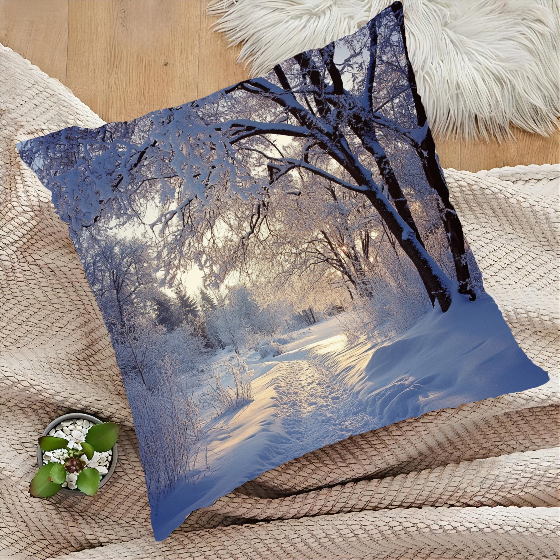 Winter Wonderland Snow Scene Throw Pillow Cover 45.72cm Short Plush Polyester