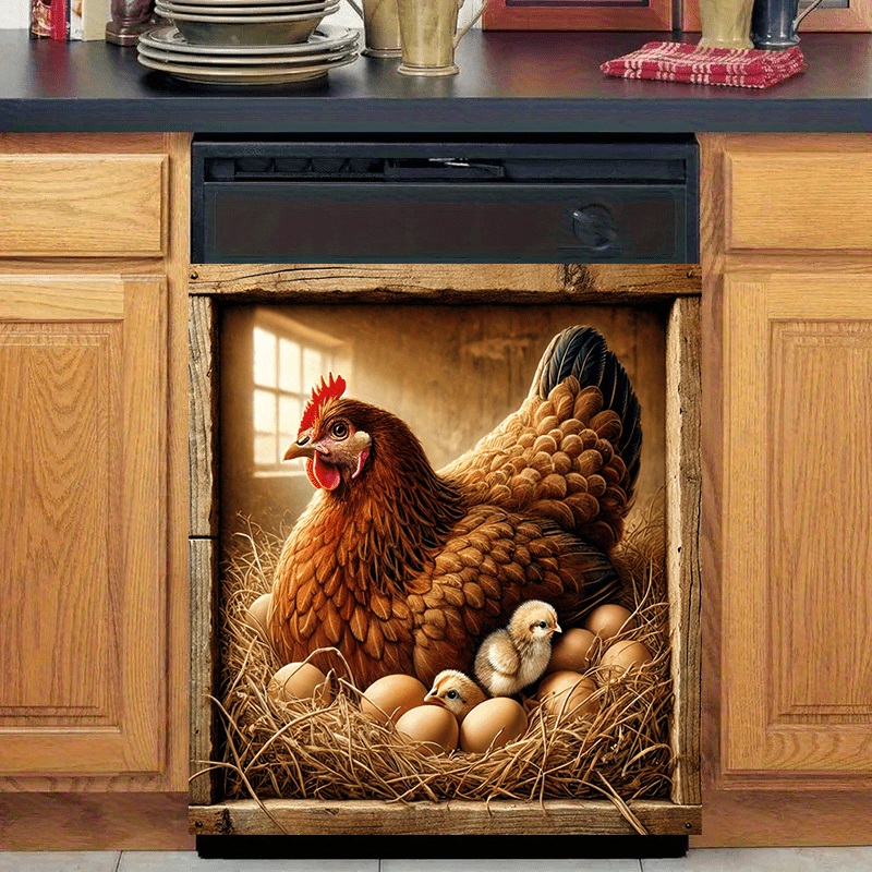Mamlakat Hen and Chicks Dishwasher Magnet Cover Waterproof PVC Barnyard Egg Scene Kitchen Decor 58.5x65 cm