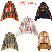 Reversible Plaid Wool Shawl for Women Thick Cozy Winter Wrap with Button Closure