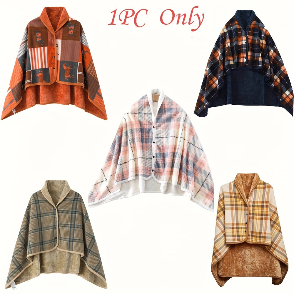 Reversible Plaid Wool Shawl for Women Thick Cozy Winter Wrap with Button Closure
