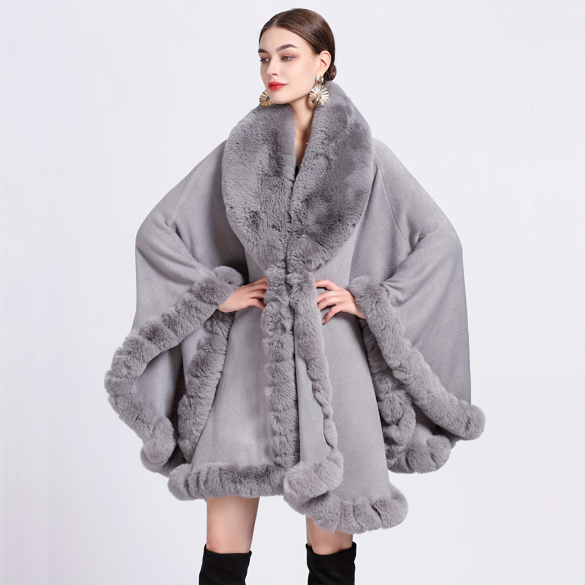 Women’s Warm Oversized Faux Fur Collar Cardigan Cape Autumn Winter Windproof Shawl