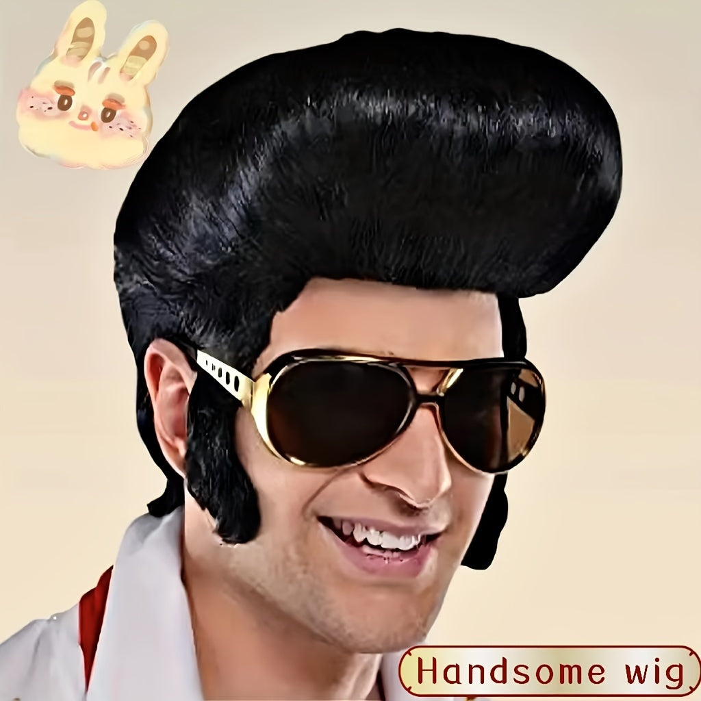 Men's Black Curly Wig for Cosplay and Halloween No Glue Needed Polyester