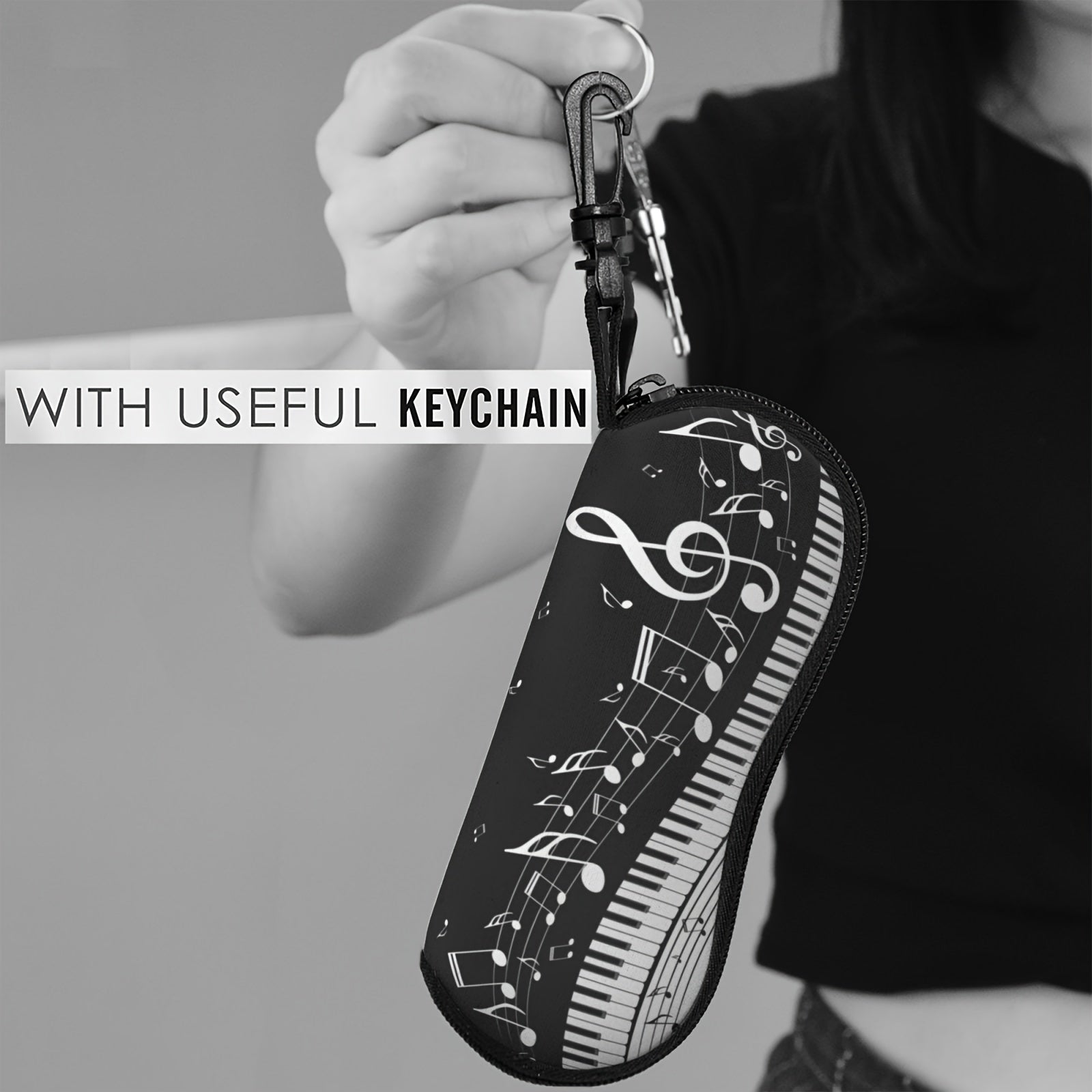 Neoprene Glasses Case with Music Notes Pattern and Key Chain