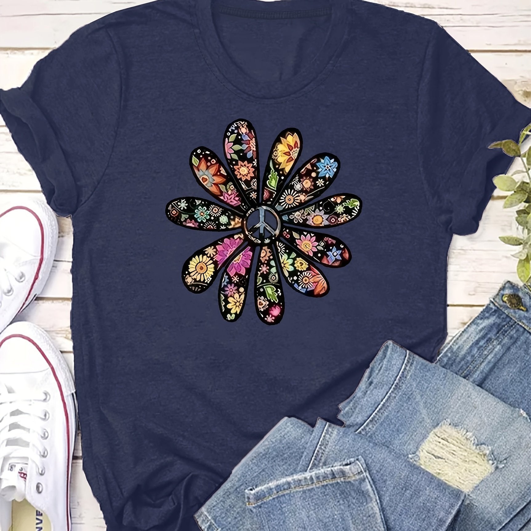 Women's Short Sleeve T-Shirt Vibrant Orange Geometric Floral Summer Top