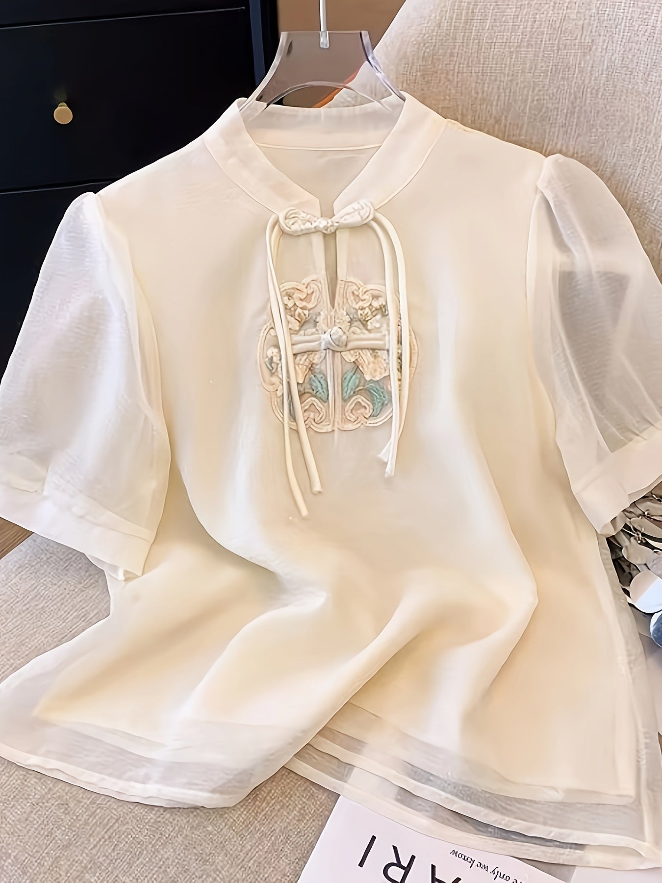 Women's Embroidered Short Sleeve Blouse with Mandarin Collar and Mesh Details