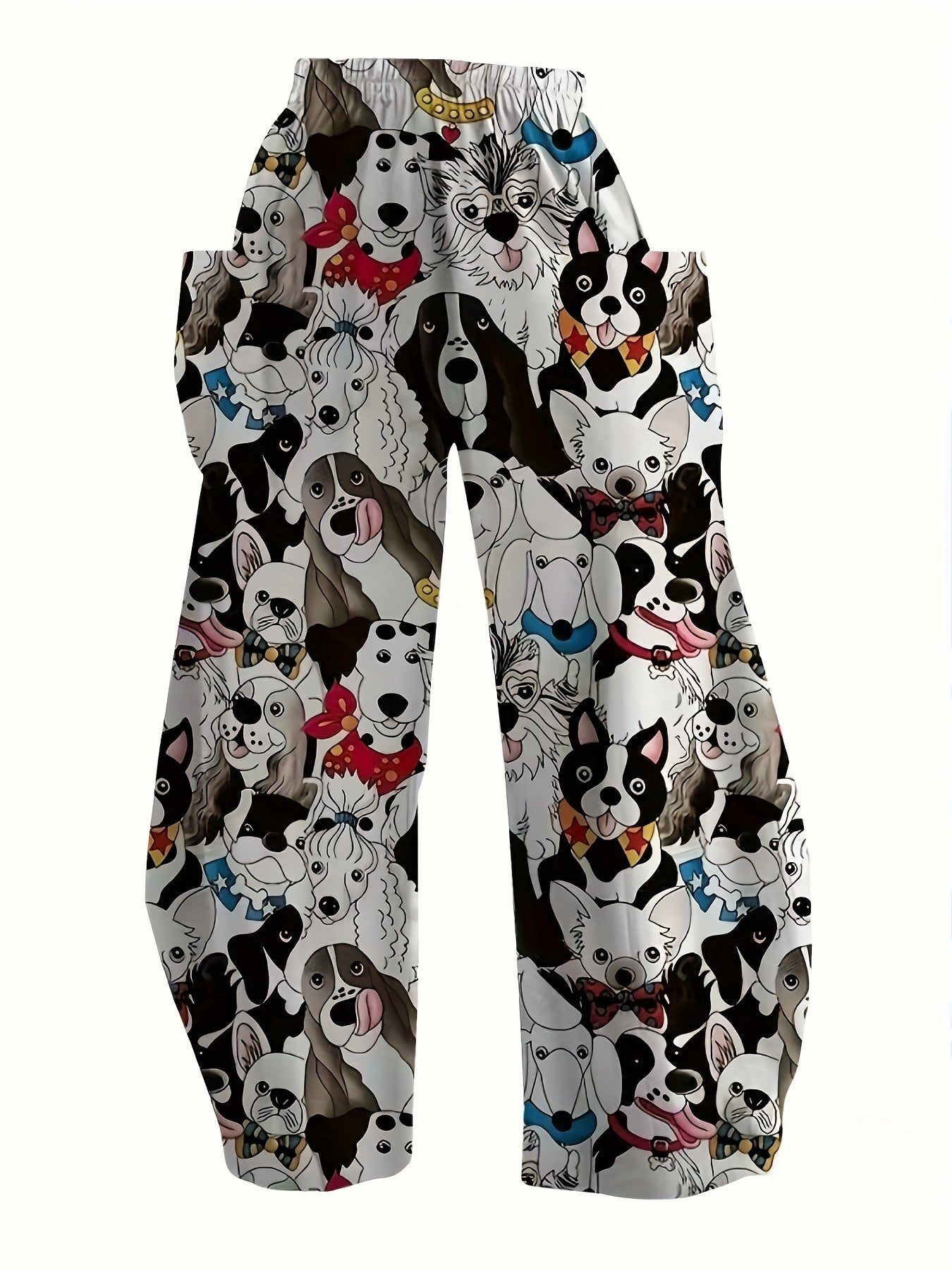 Pantalones anchos de mujer de talla grande con estampado de perros, pantalones casuales de poliéster con cintura elástica