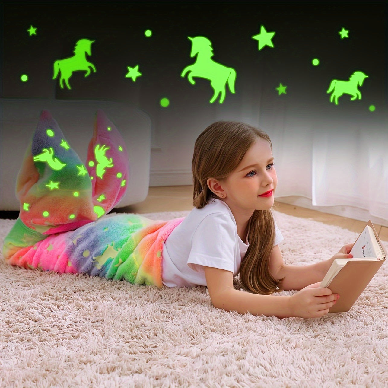 Kids Girls Rainbow Unicorn Mermaid Tail Blanket Flannel Glow-in-the-Dark Cozy
