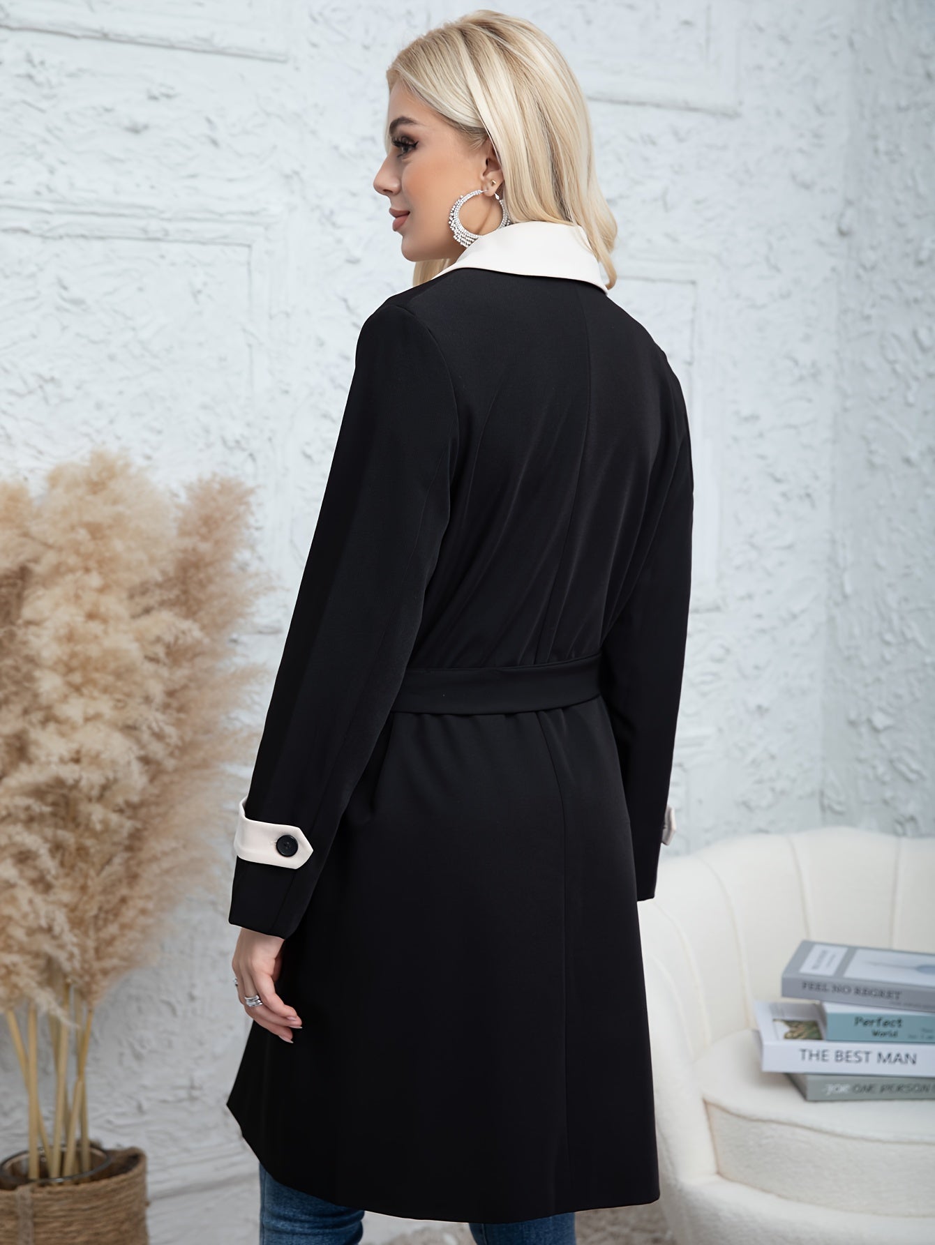 Women's Mid-Length Trench Coat with Belted Lapel Long Sleeves Solid Polyester