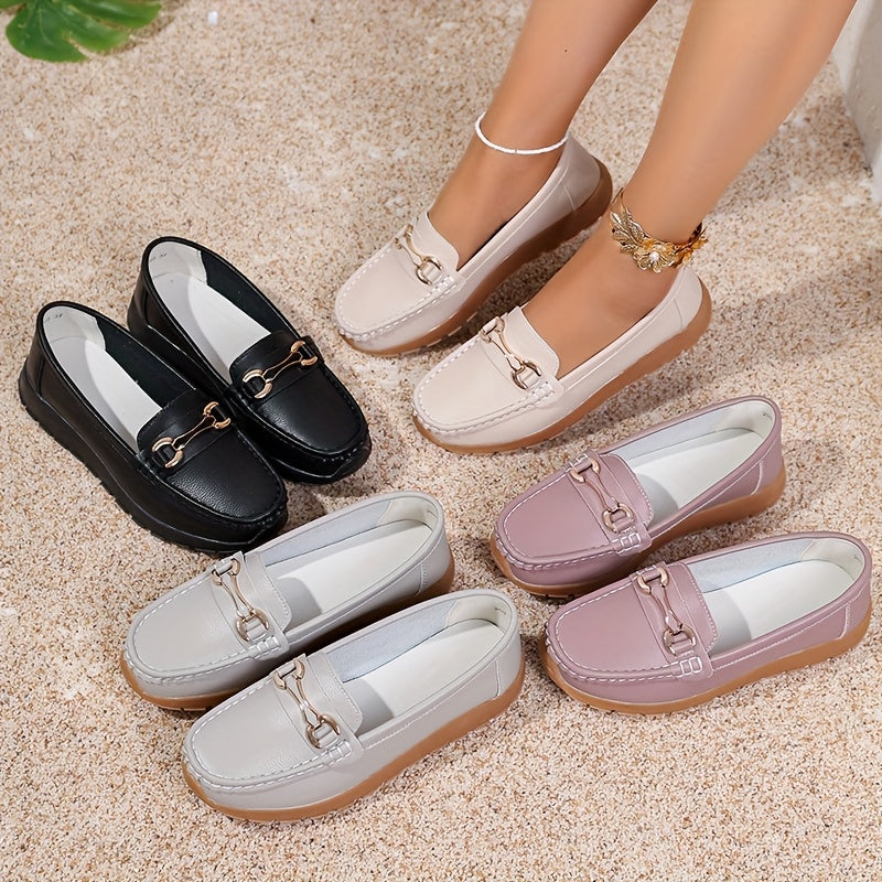 Women's Slip-On Loafers PU Cover Upper TPR Sole Metallic Buckle All-Season Flats