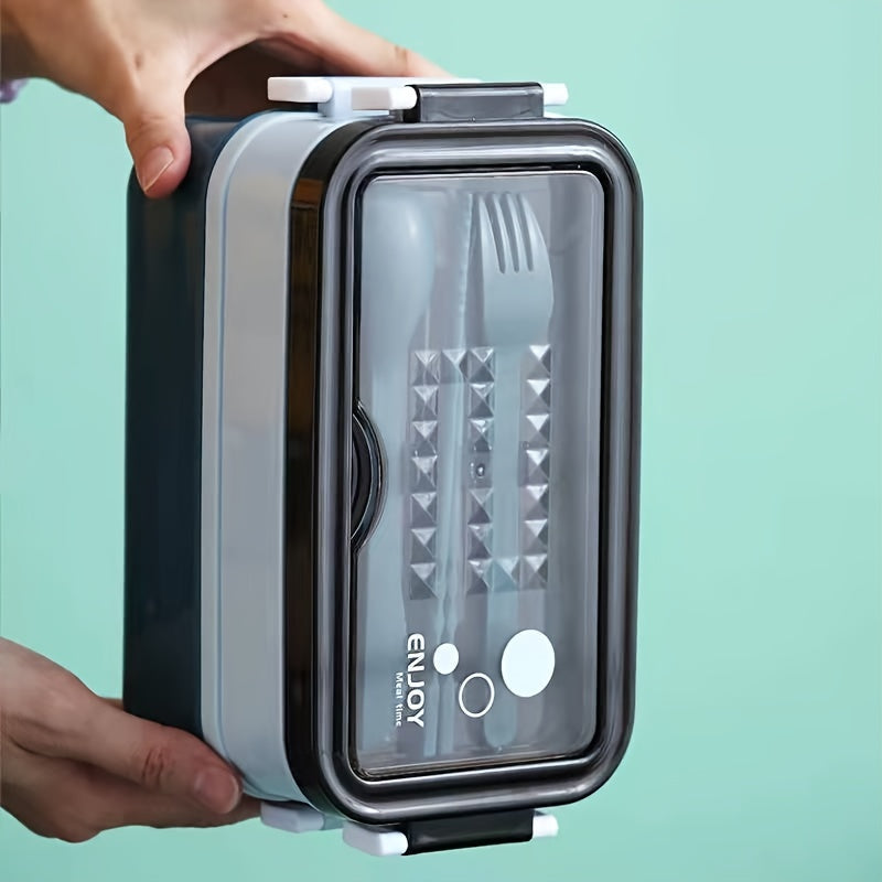 Cajón de almuerzo a prueba de fugas de doble capa y colorido con juego de cubiertos, apto para microondas, plástico duradero, rectangular, bento para estudiantes y oficina
