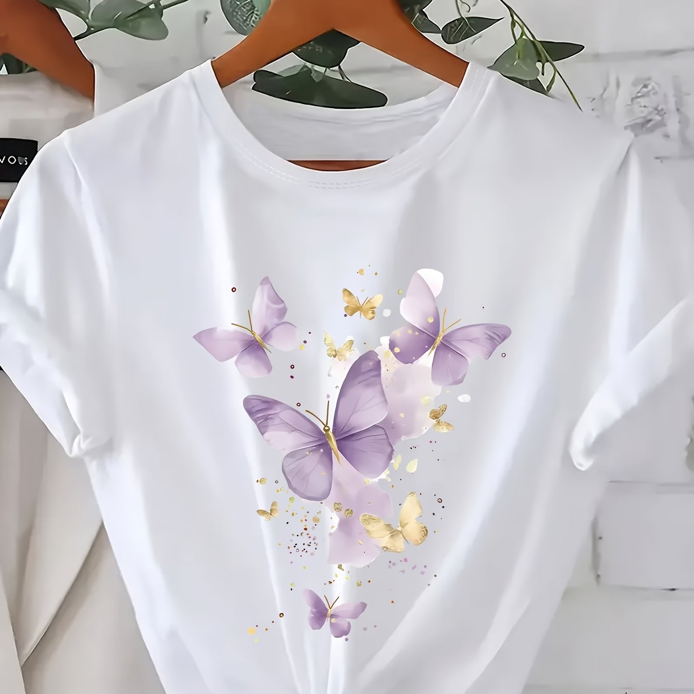 Plus Size Purple Butterfly Print Short Sleeve T-Shirt for Women