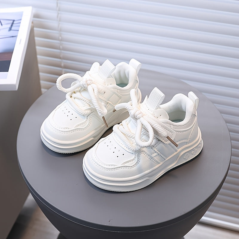 Kids White Casual Sneakers for Girls with Pink and Black Accents, Hook-and-Loop Closure