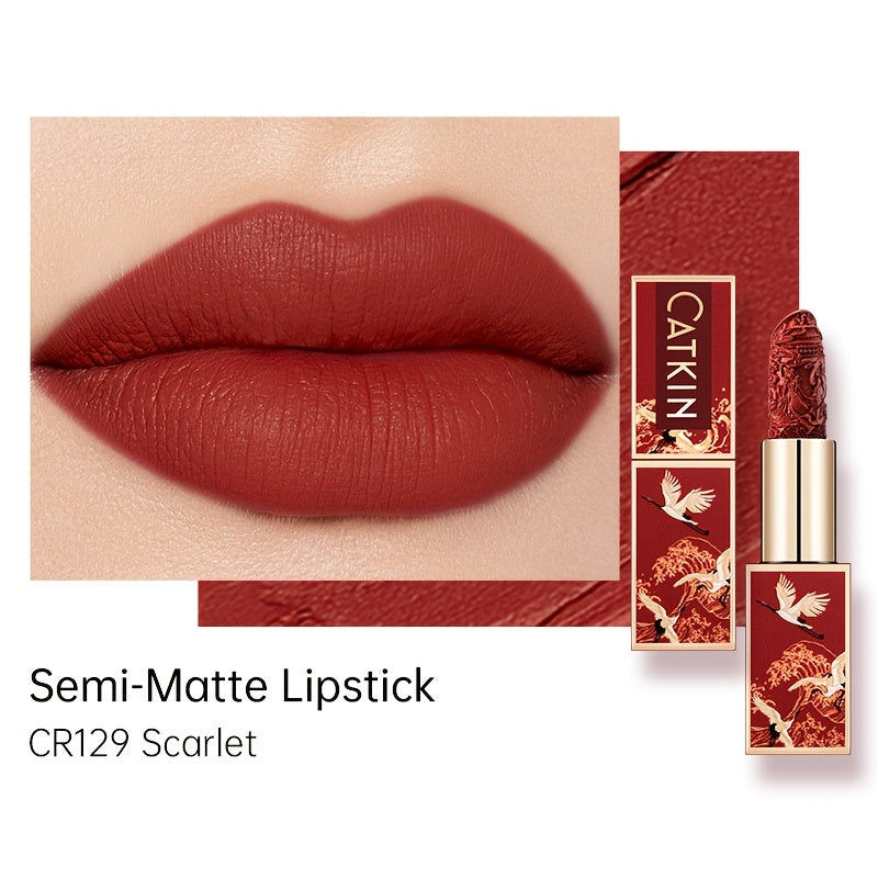 Red Carving Matte Lipstick Waterproof Long-Lasting Satin Finish for Smooth Red and Nude Lips