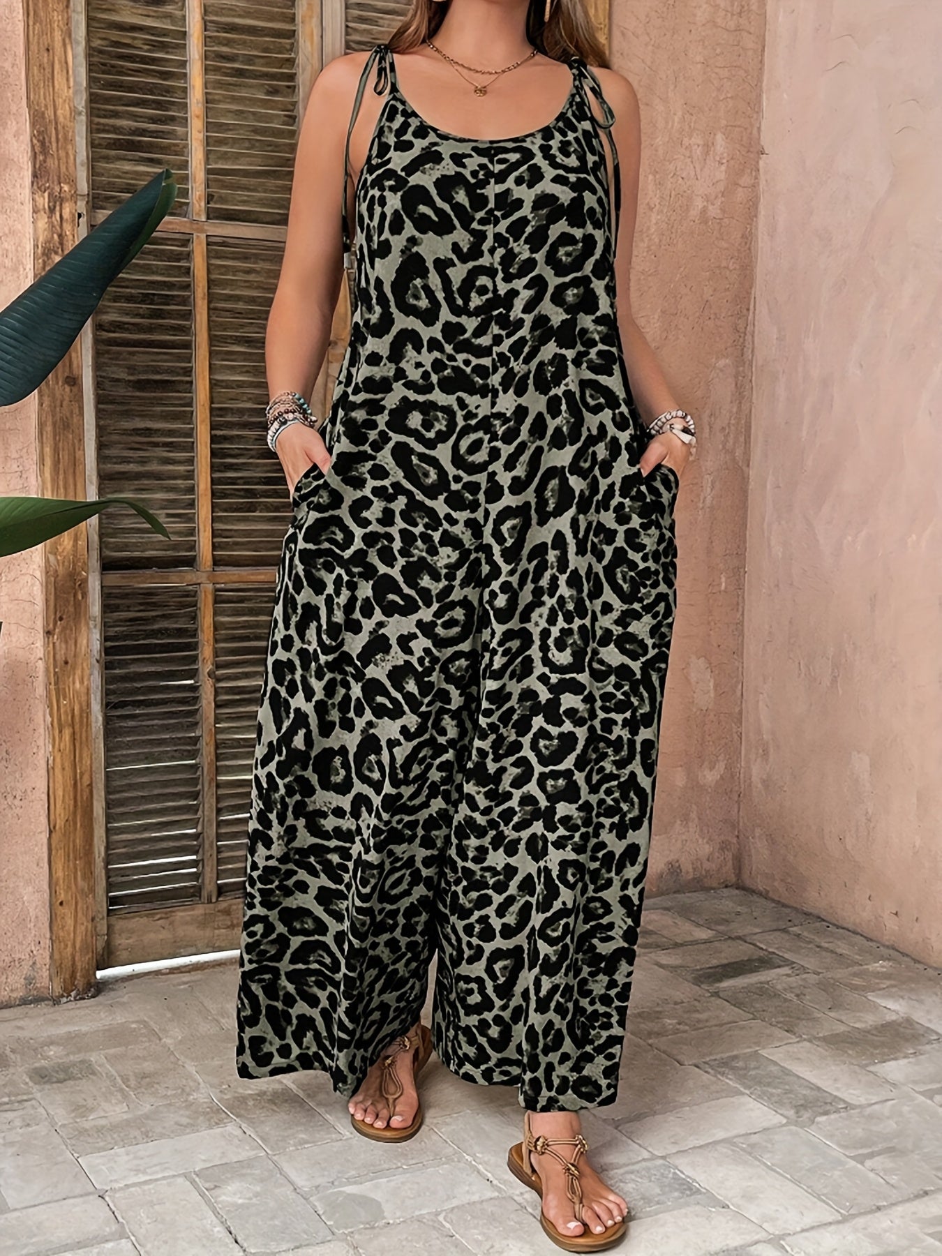 Plus-Size Leopard Print Sleeveless Jumpsuit with Pockets for Spring Summer Fall
