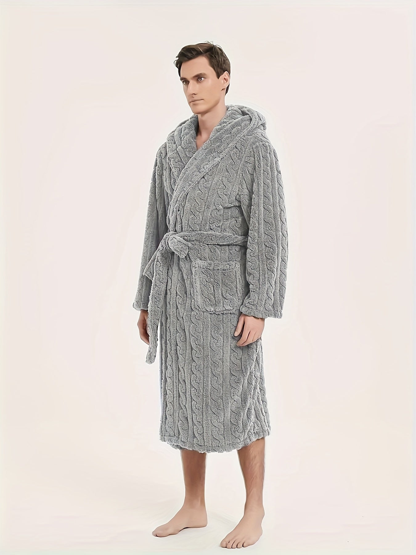 Men's Fleece Hooded Robe with Belt for Home and Hotel Use Fall Winter Casual