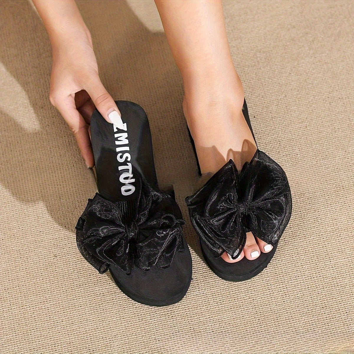 Women's Black Wedge Flip-Flops with Floral Bow Slip-On Non-Slip EVA Summer Beach Shoes