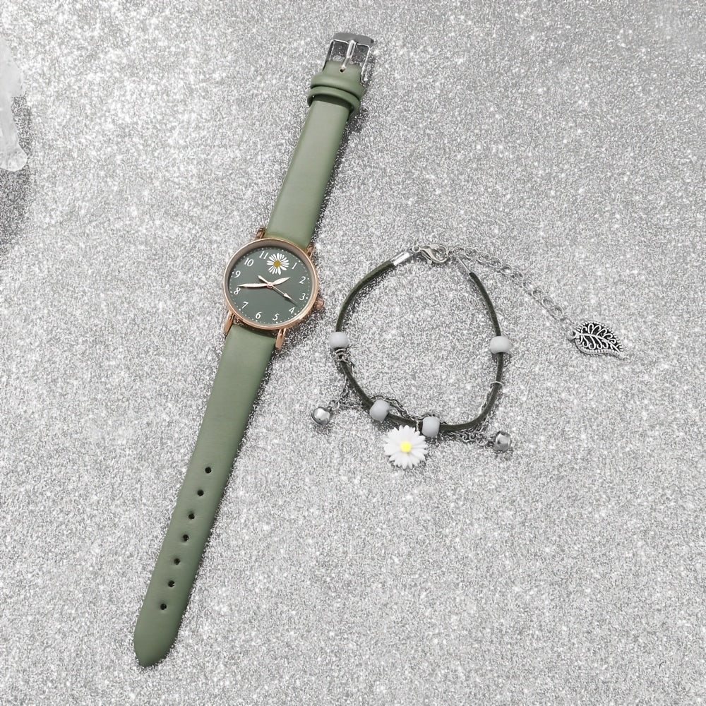 Conjunto de reloj de cuarzo Daisy Flower para mujer con reloj de cuero y pulsera