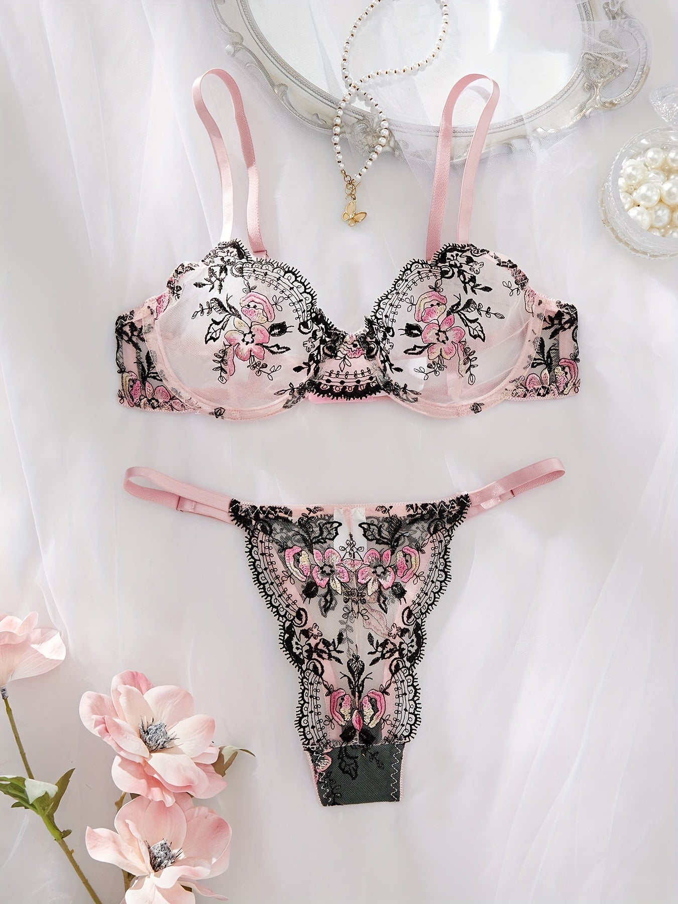 Women's Floral Embroidery Mesh Lingerie Set with Sheer Fabric Bra and Thong