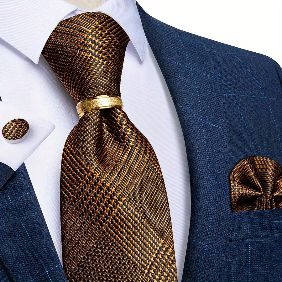 Men's Tie Set with Paisley Plaid and Striped Designs Including Pocket Square Cufflinks Ring