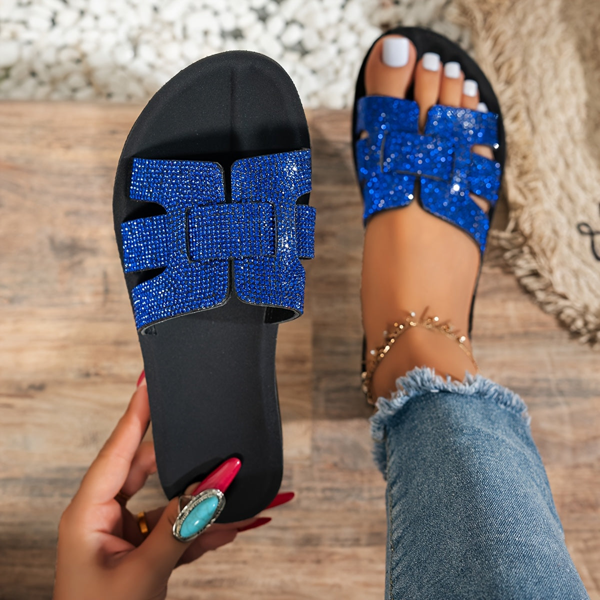 Women's Summer Rhinestone-Embellished Open-Toe Slides with Adjustable Ankle Strap