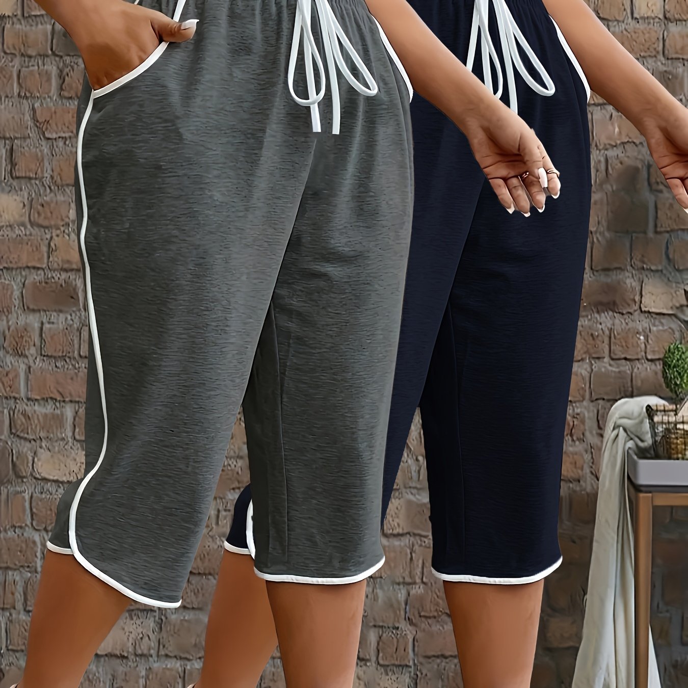 Conjunto de leggings de talla grande para mujer en bloques de color con bolsillos, 2 piezas