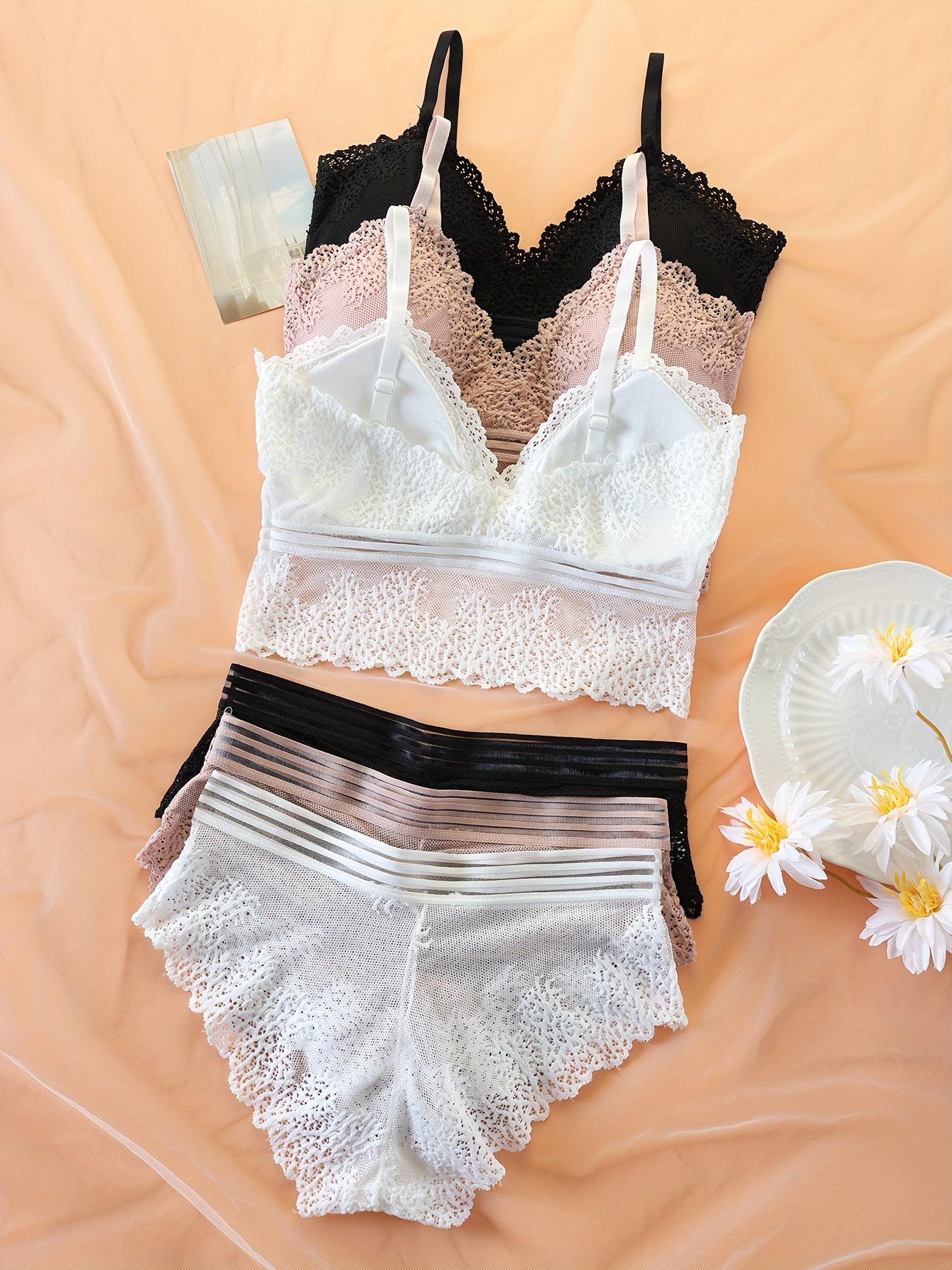 Set of 3 Women's Lingerie Sets with Lace Bras and Mesh Panties