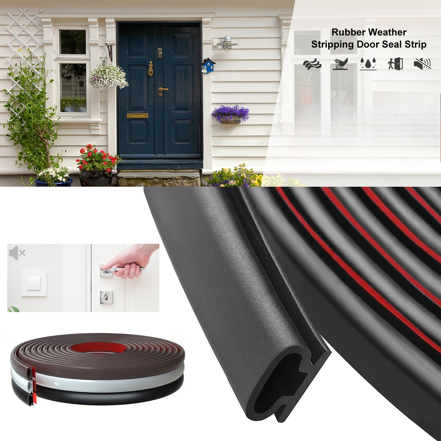 Multi-Use Rubber Door Seal Strip Weatherproof Soundproof Self-Adhesive Insulation