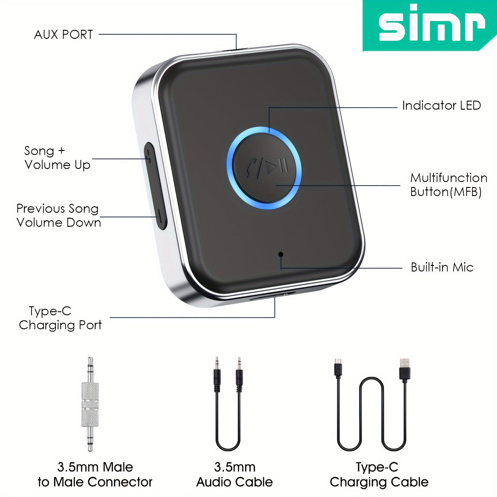 Wireless Audio Receiver Portable AUX Adapter Hands-Free for Car Home Stereo
