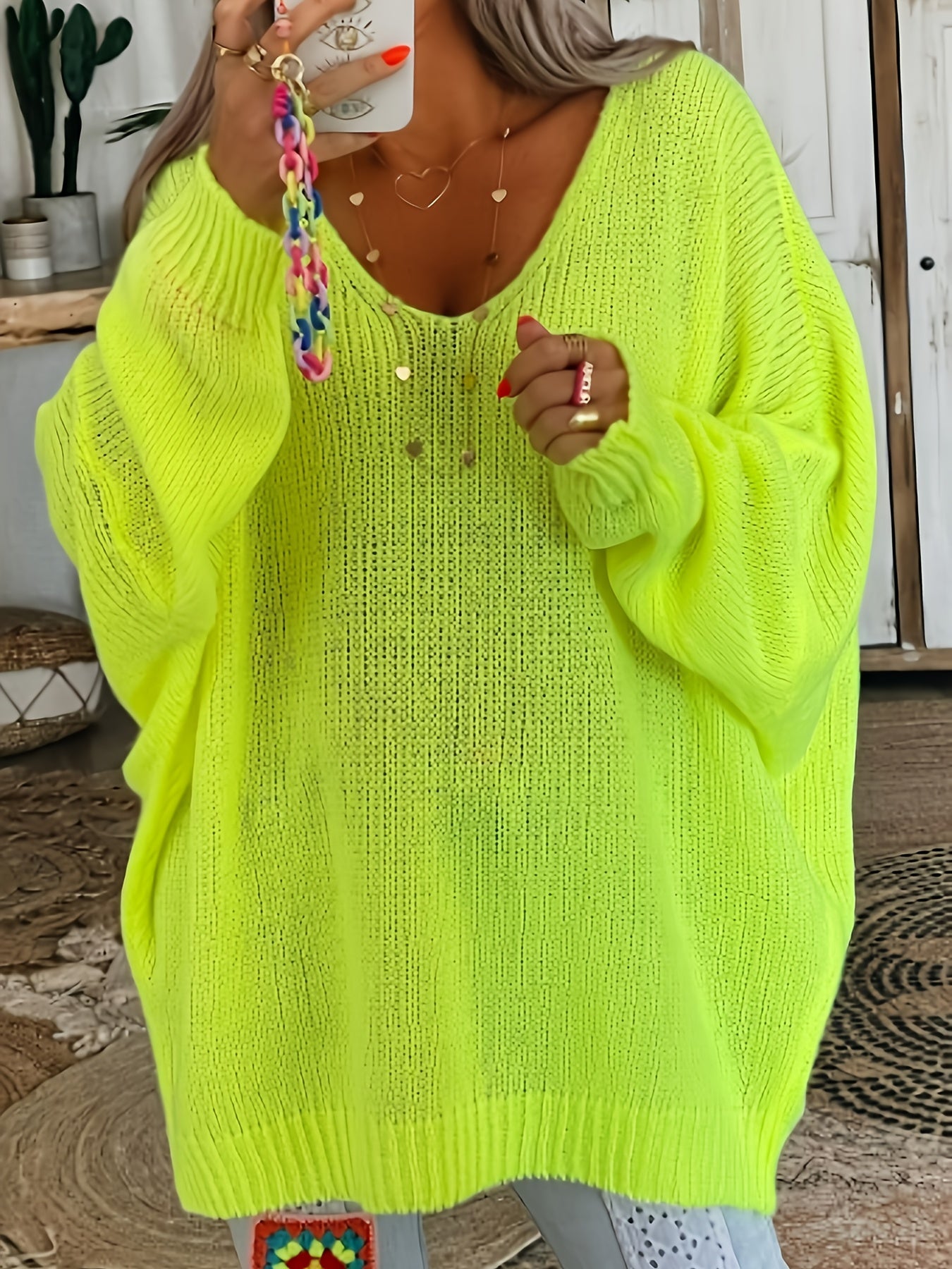 Plus Size Women's V-Neck Sweater Soft Warm Knit Bright Yellow Fall Winter