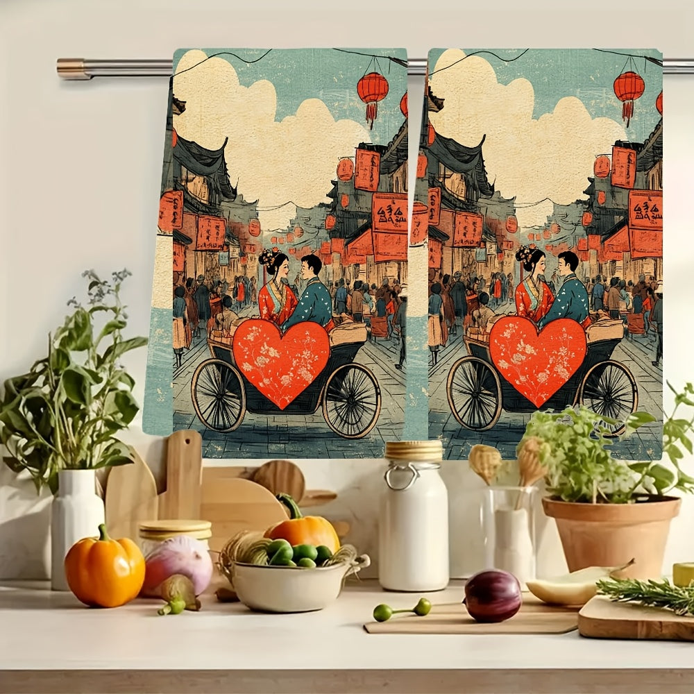 Luxuriously Soft Kitchen Towels with Traditional Chinese Couple Illustration, Highly Absorbent