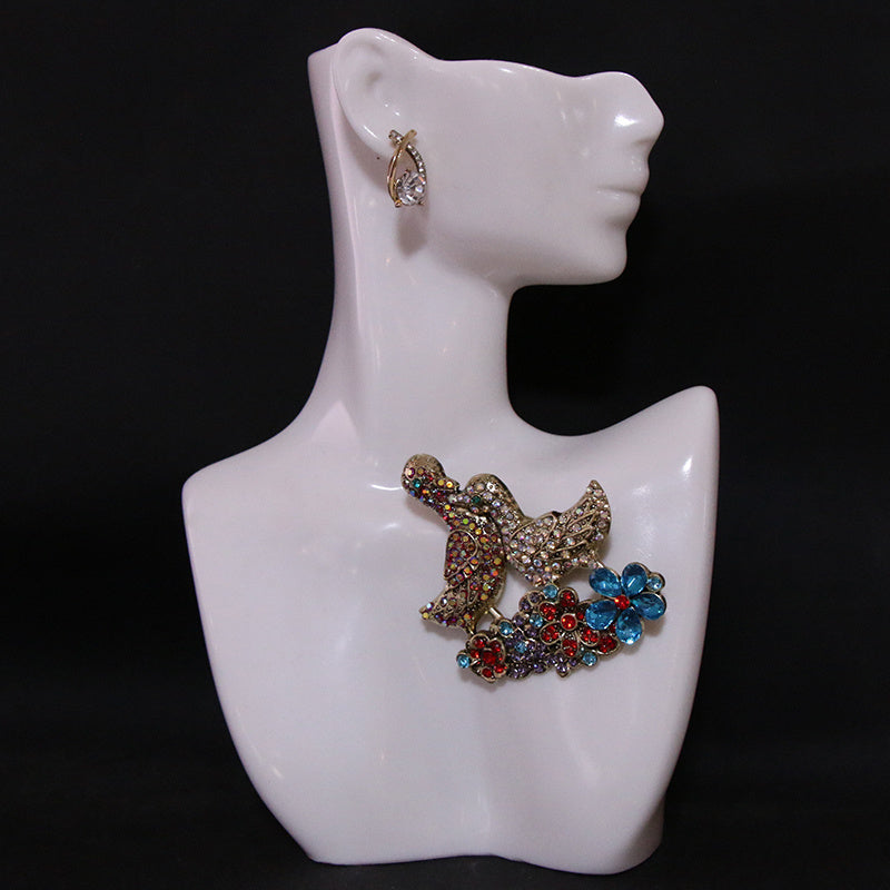 Elegant Enamel Brooch with Mandarin Ducks in Baroque Style Irregular Shape